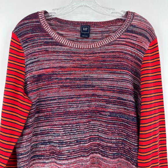GAP 100% Cotton Marled Crewneck Sweater Stripe Sleeves Red Navy Womens Sz Large - Picture 4 of 11